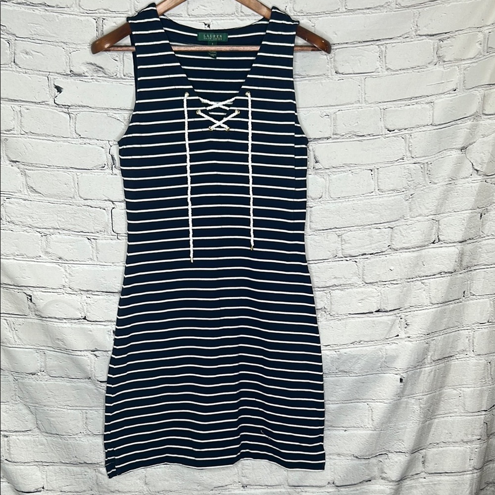 Ralph Lauren Blue & White Striped Tie Front Sleeveless Dress Size Small